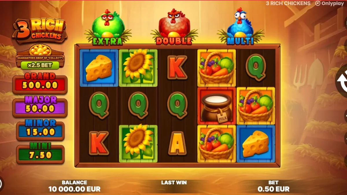 Tampilan visual slot 3 Rich Chickens dengan latar belakang peternakan yang ceria