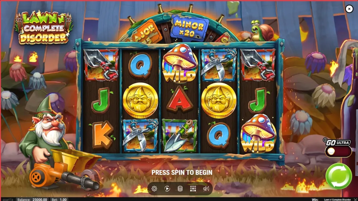 Visual bertema taman terbakar dengan gnome dan gerobak emas di slot Lawn N’ Complete Disorder