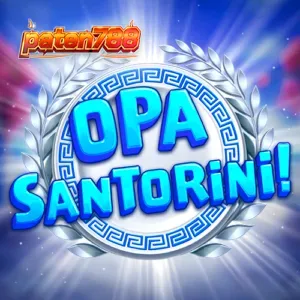 Tampilan visual slot Opa Santorini dengan latar belakang pemandangan Mediterania